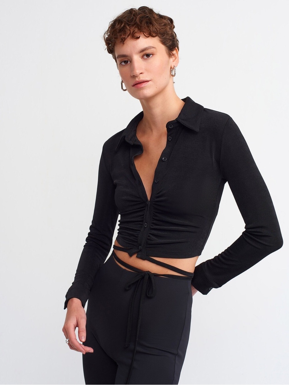 Black Ruched Button-Front Crop Top - Women